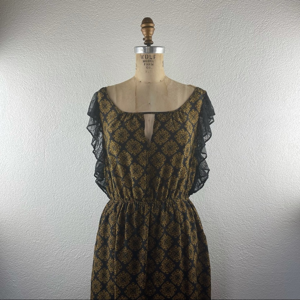 Anthropologie l M Maple Silk Elegant Medallion Lace Ruffled Flutter Sleeve Dress